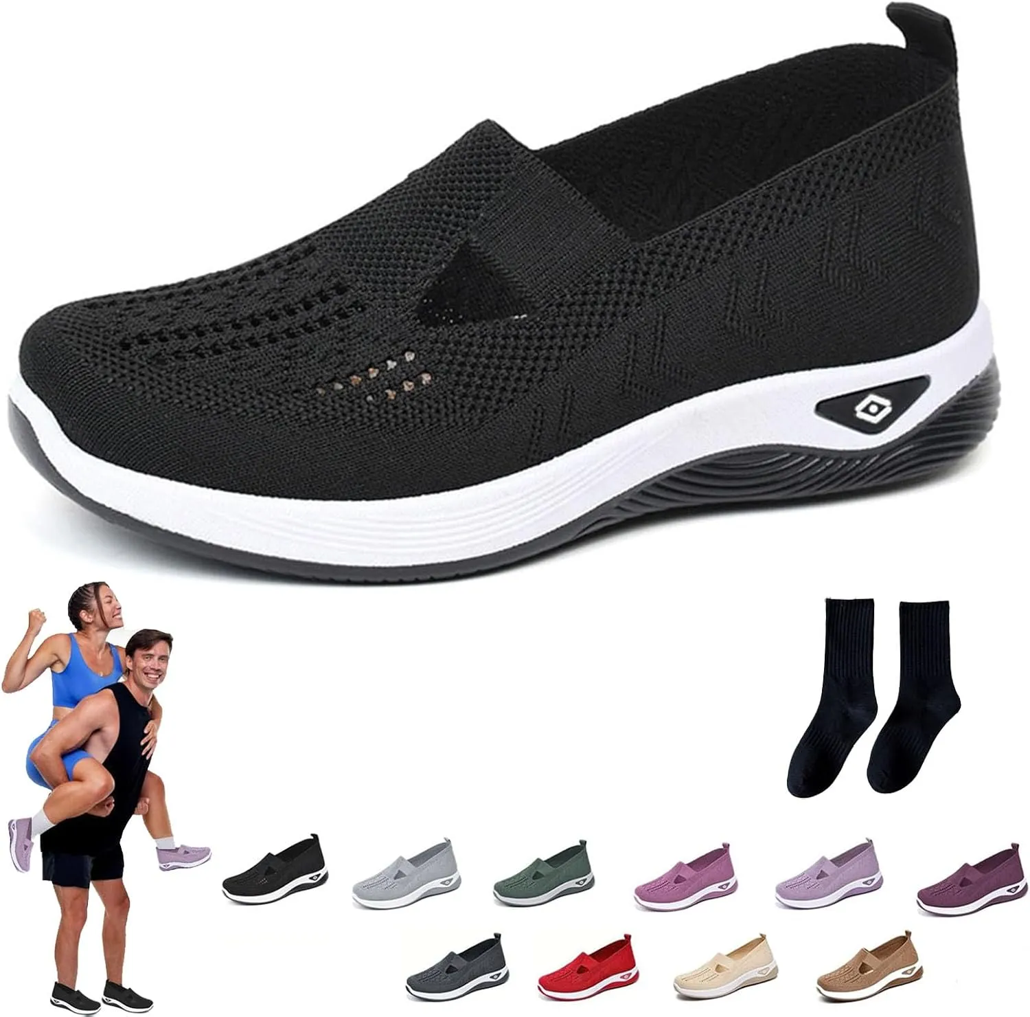 Orthowalkway Womens Shoes,Women's Comfortable Breathable Knitted Sneakers,Orthopedic Slip-On Lightweight Flat Soft Shoes (Black,6.5)