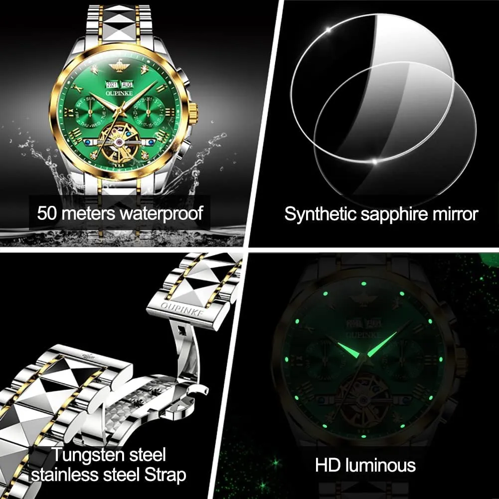OUPINKE Automatic Watches for Men Skeleton Mechanical Self Winding Luxury Business Dress Wrist Watch Diamond Tungsten Steel Sapphire Crystal Calendar Waterproof Luminous