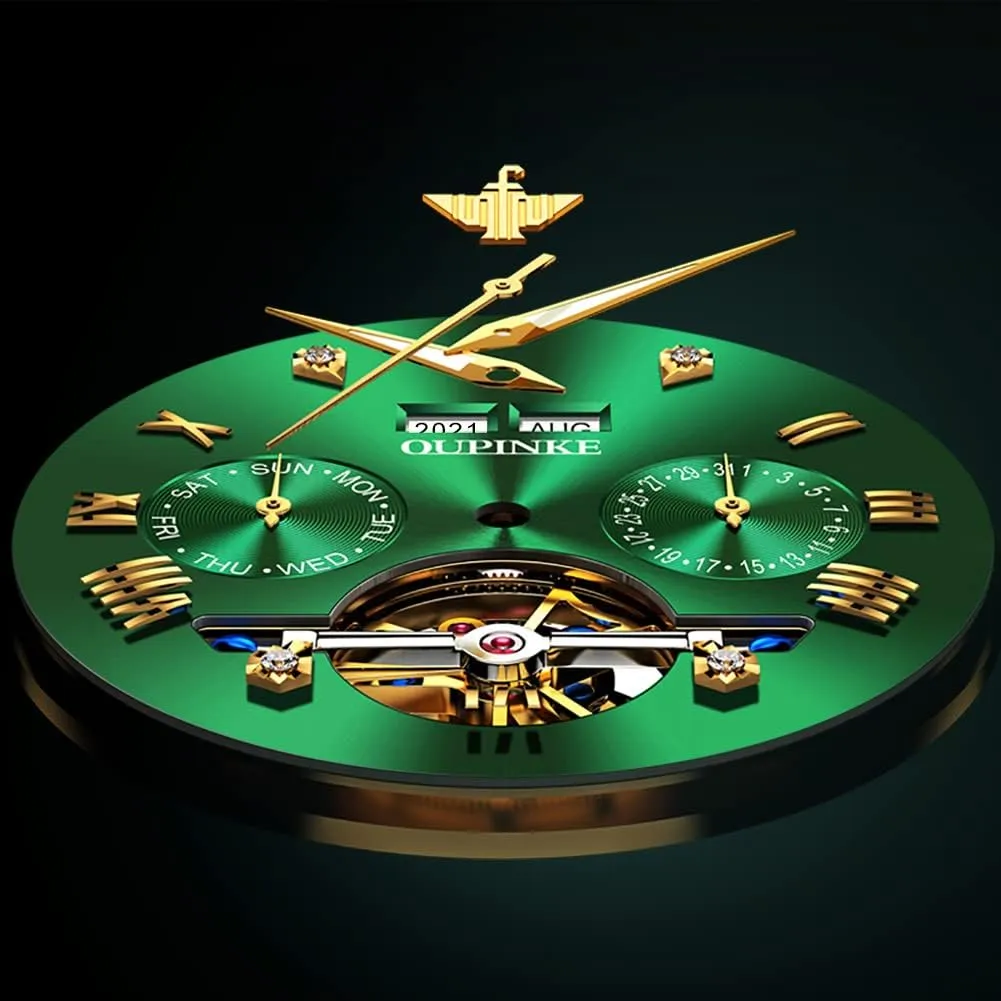 OUPINKE Automatic Watches for Men Skeleton Mechanical Self Winding Luxury Business Dress Wrist Watch Diamond Tungsten Steel Sapphire Crystal Calendar Waterproof Luminous