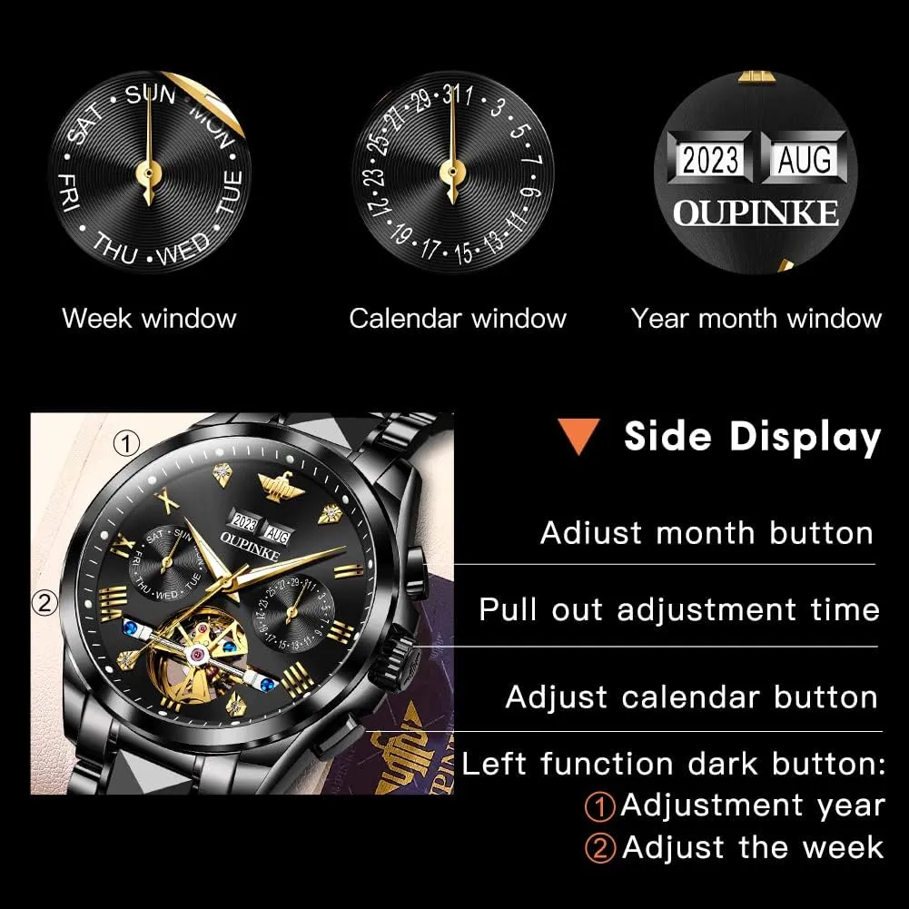 OUPINKE Automatic Watches for Men Skeleton Mechanical Self Winding Luxury Business Dress Wrist Watch Diamond Tungsten Steel Sapphire Crystal Calendar Waterproof Luminous