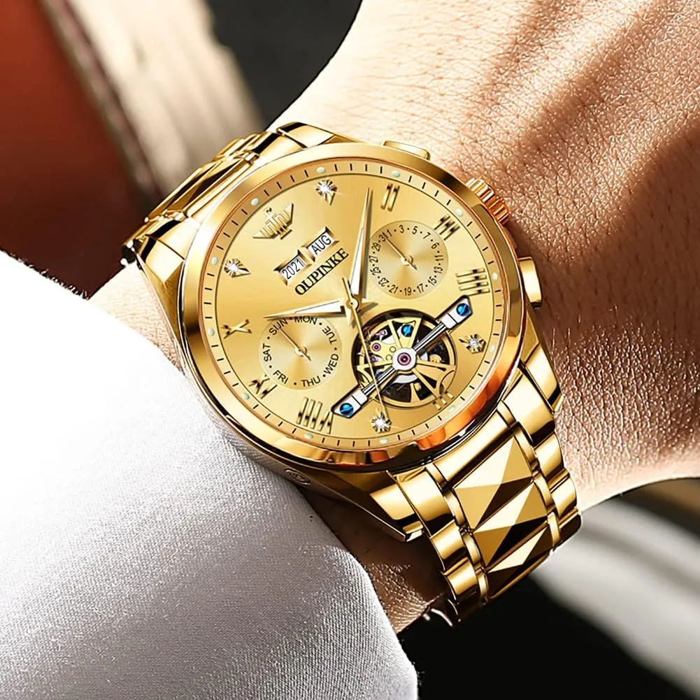 OUPINKE Automatic Watches for Men Skeleton Mechanical Self Winding Luxury Business Dress Wrist Watch Diamond Tungsten Steel Sapphire Crystal Calendar Waterproof Luminous