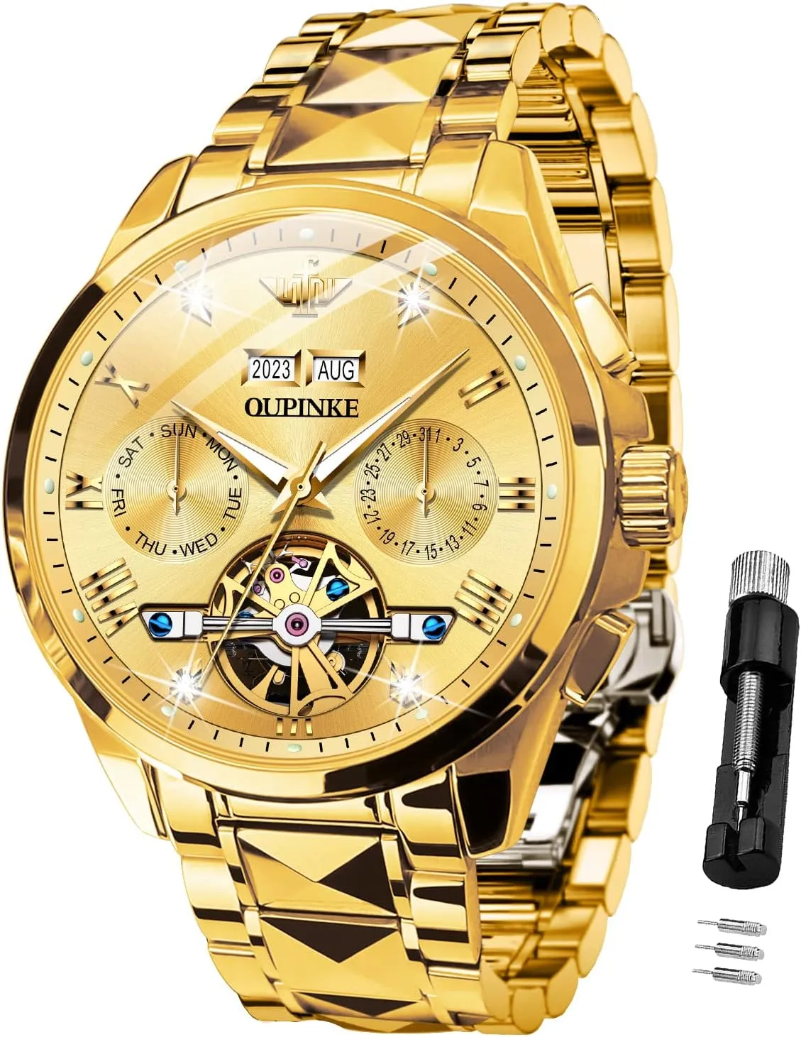 OUPINKE Automatic Watches for Men Skeleton Mechanical Self Winding Luxury Business Dress Wrist Watch Diamond Tungsten Steel Sapphire Crystal Calendar Waterproof Luminous