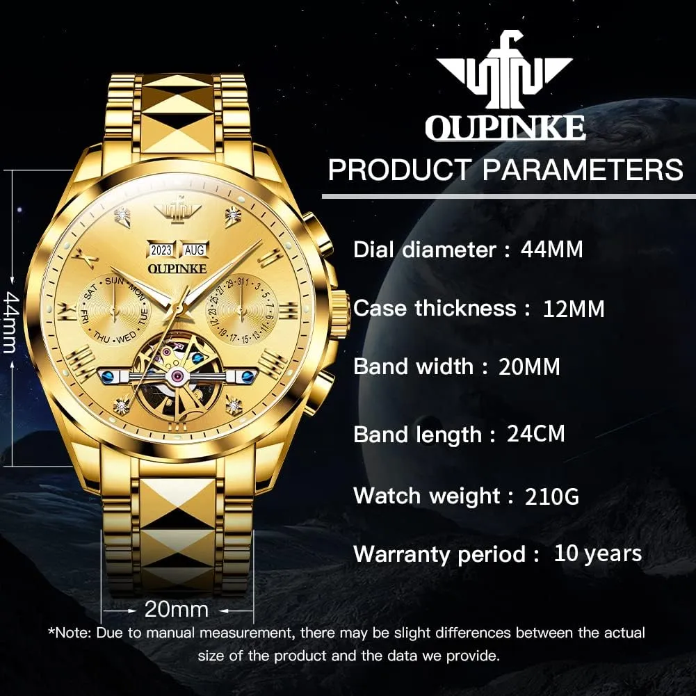 OUPINKE Automatic Watches for Men Skeleton Mechanical Self Winding Luxury Business Dress Wrist Watch Diamond Tungsten Steel Sapphire Crystal Calendar Waterproof Luminous
