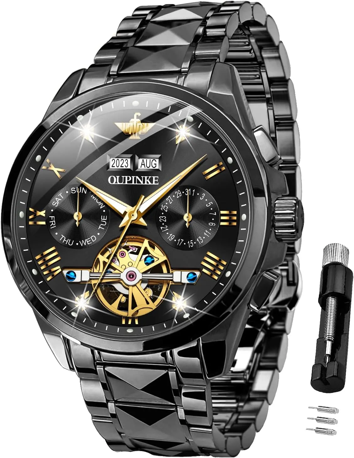 OUPINKE Automatic Watches for Men Skeleton Mechanical Self Winding Luxury Business Dress Wrist Watch Diamond Tungsten Steel Sapphire Crystal Calendar Waterproof Luminous