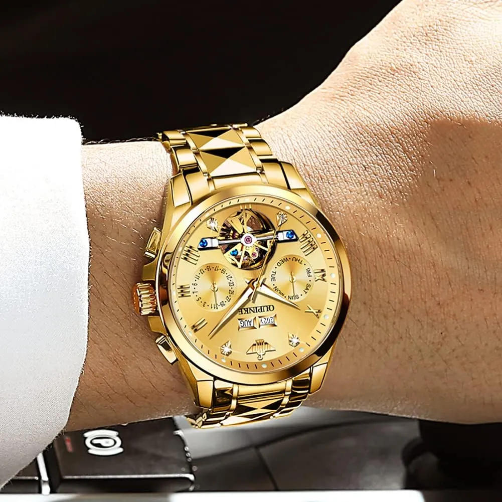 OUPINKE Automatic Watches for Men Skeleton Mechanical Self Winding Luxury Business Dress Wrist Watch Diamond Tungsten Steel Sapphire Crystal Calendar Waterproof Luminous