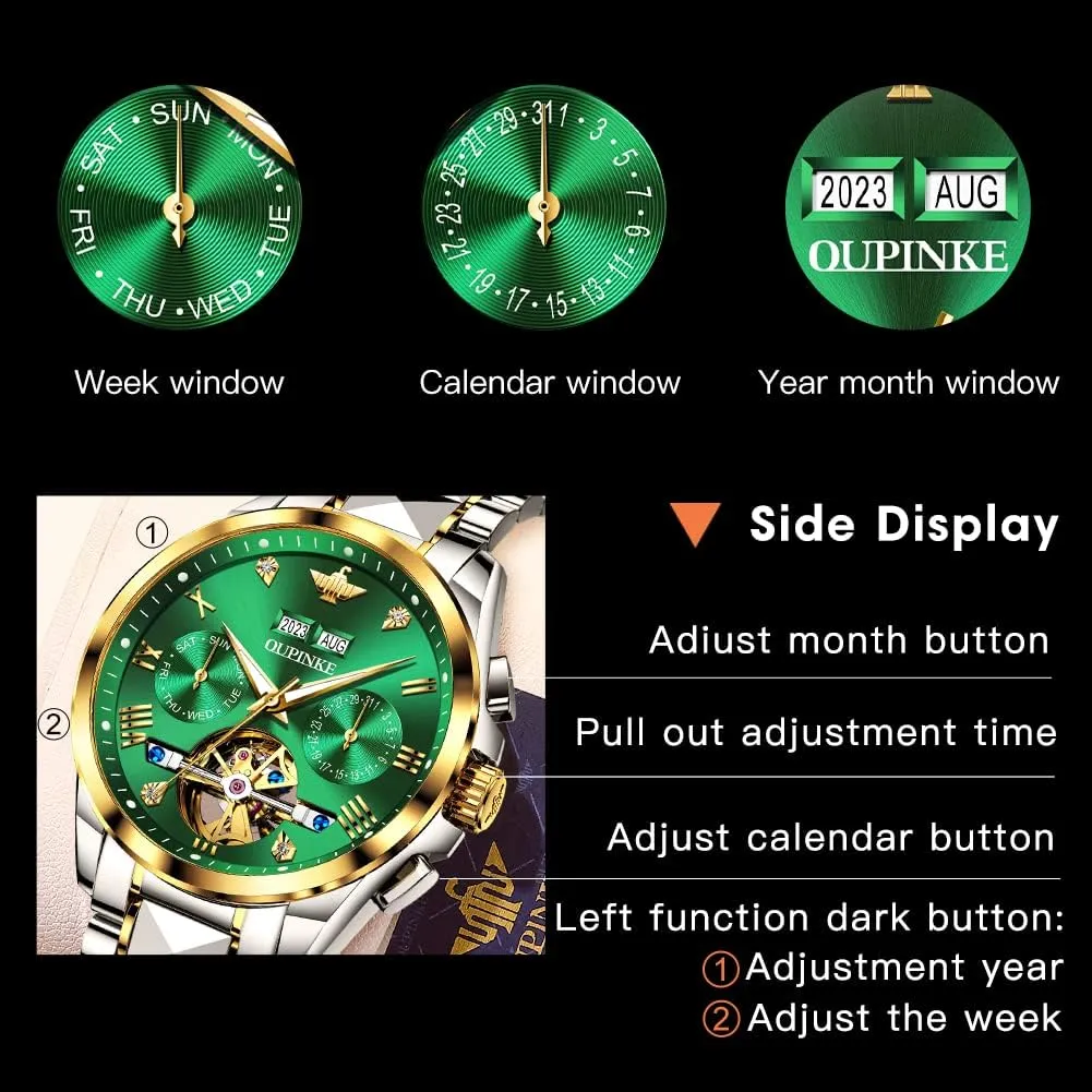 OUPINKE Automatic Watches for Men Skeleton Mechanical Self Winding Luxury Business Dress Wrist Watch Diamond Tungsten Steel Sapphire Crystal Calendar Waterproof Luminous