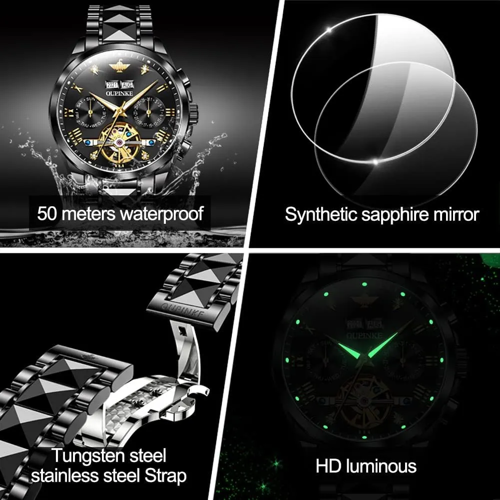 OUPINKE Automatic Watches for Men Skeleton Mechanical Self Winding Luxury Business Dress Wrist Watch Diamond Tungsten Steel Sapphire Crystal Calendar Waterproof Luminous