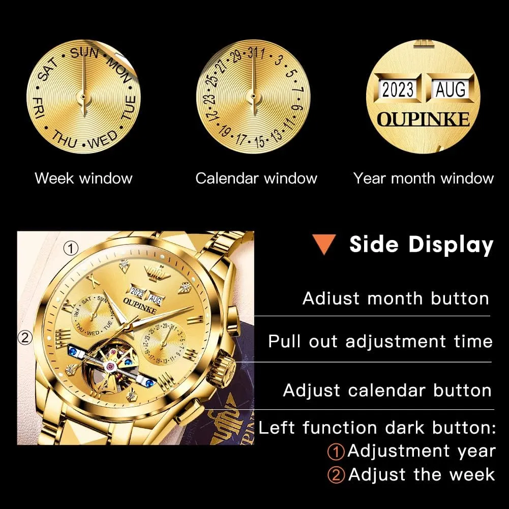 OUPINKE Automatic Watches for Men Skeleton Mechanical Self Winding Luxury Business Dress Wrist Watch Diamond Tungsten Steel Sapphire Crystal Calendar Waterproof Luminous