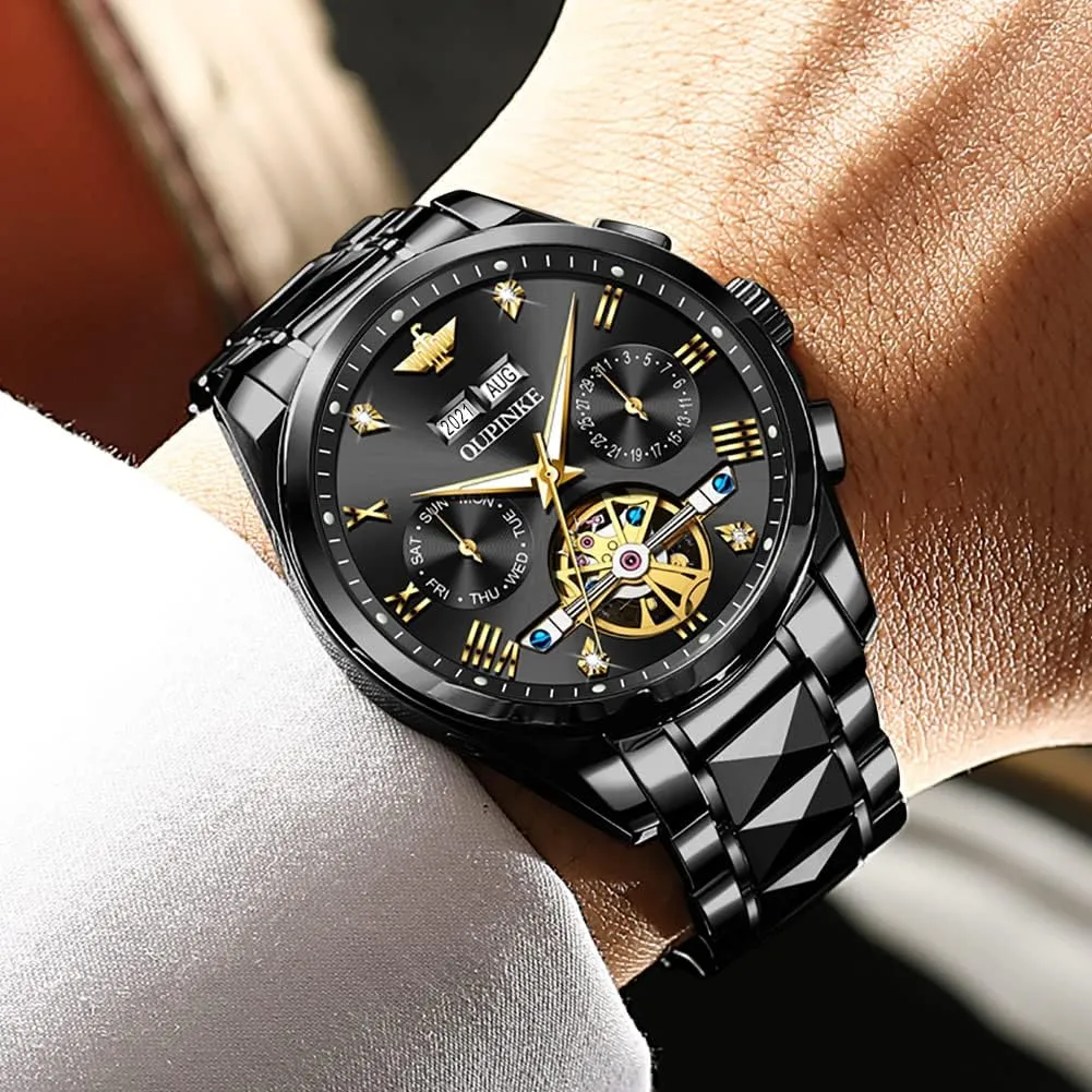 OUPINKE Automatic Watches for Men Skeleton Mechanical Self Winding Luxury Business Dress Wrist Watch Diamond Tungsten Steel Sapphire Crystal Calendar Waterproof Luminous