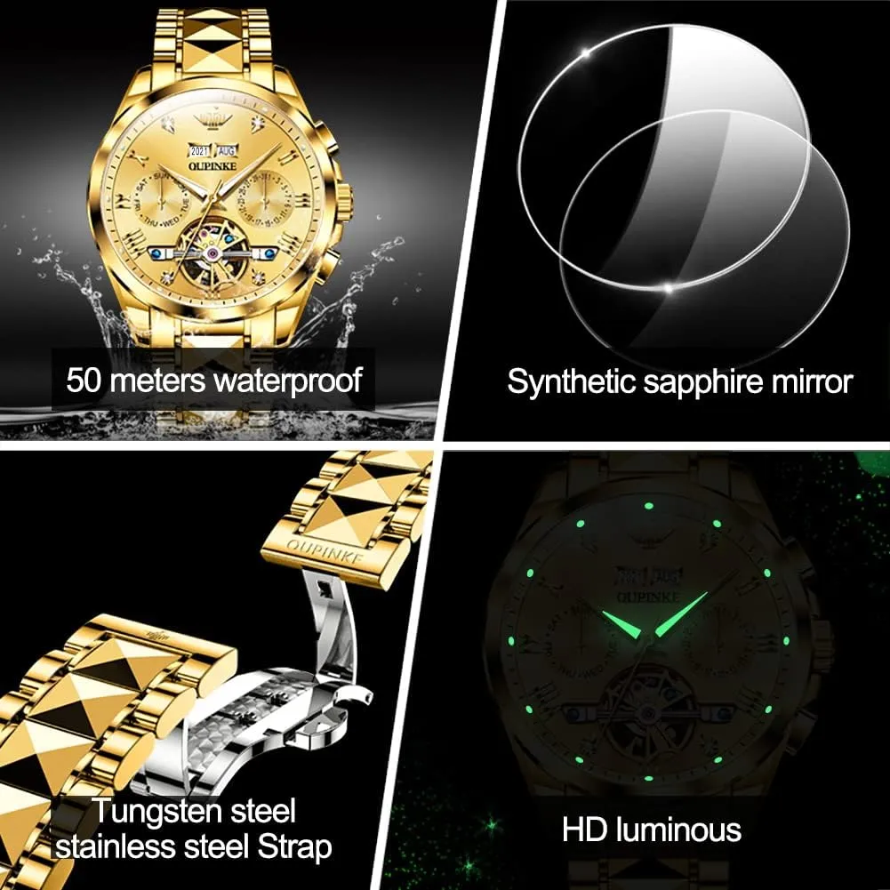 OUPINKE Automatic Watches for Men Skeleton Mechanical Self Winding Luxury Business Dress Wrist Watch Diamond Tungsten Steel Sapphire Crystal Calendar Waterproof Luminous
