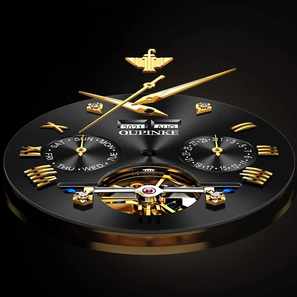 OUPINKE Automatic Watches for Men Skeleton Mechanical Self Winding Luxury Business Dress Wrist Watch Diamond Tungsten Steel Sapphire Crystal Calendar Waterproof Luminous