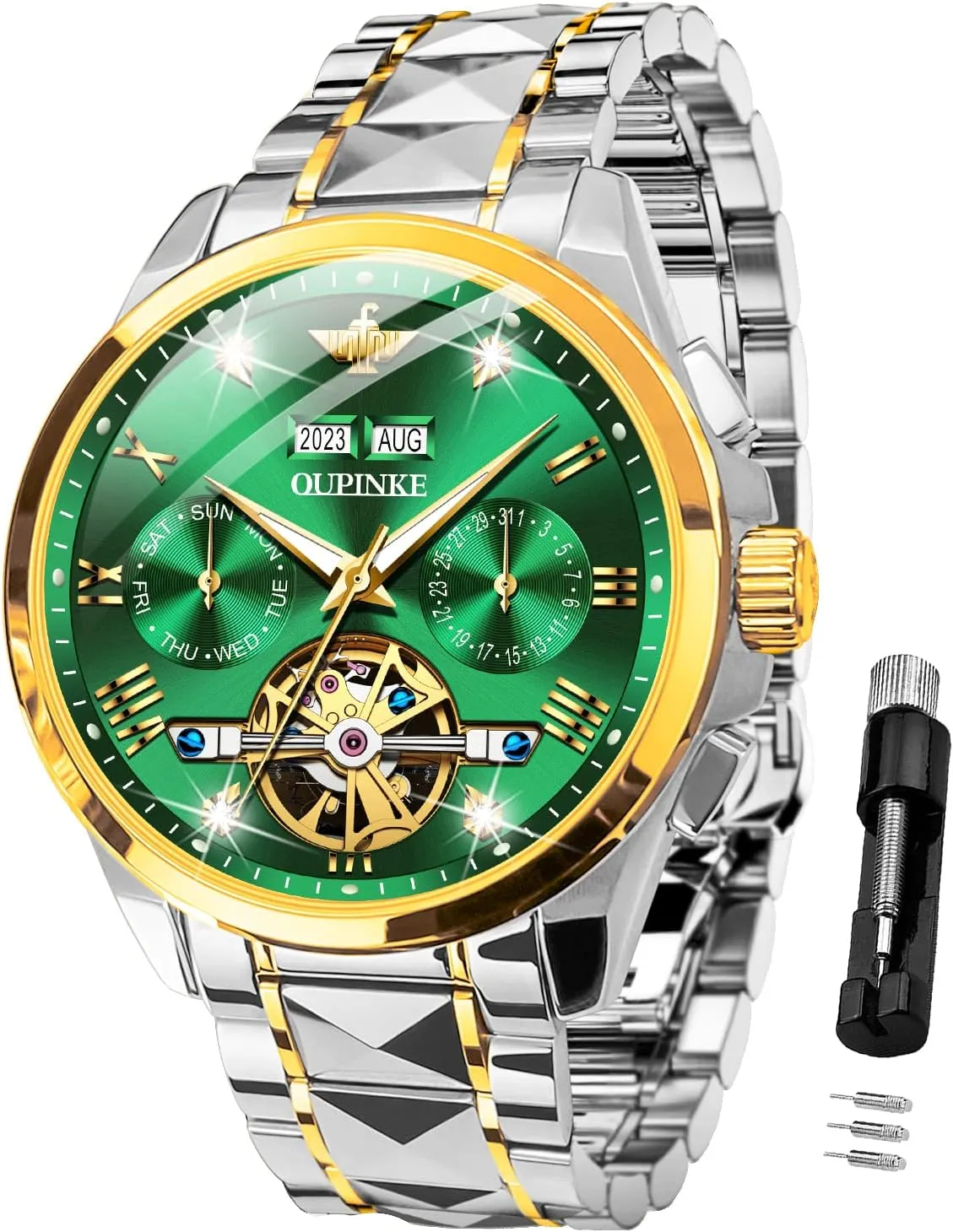OUPINKE Automatic Watches for Men Skeleton Mechanical Self Winding Luxury Business Dress Wrist Watch Diamond Tungsten Steel Sapphire Crystal Calendar Waterproof Luminous