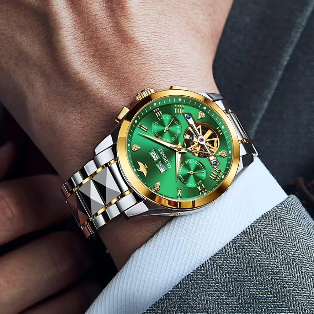 OUPINKE Automatic Watches for Men Skeleton Mechanical Self Winding Luxury Business Dress Wrist Watch Diamond Tungsten Steel Sapphire Crystal Calendar Waterproof Luminous