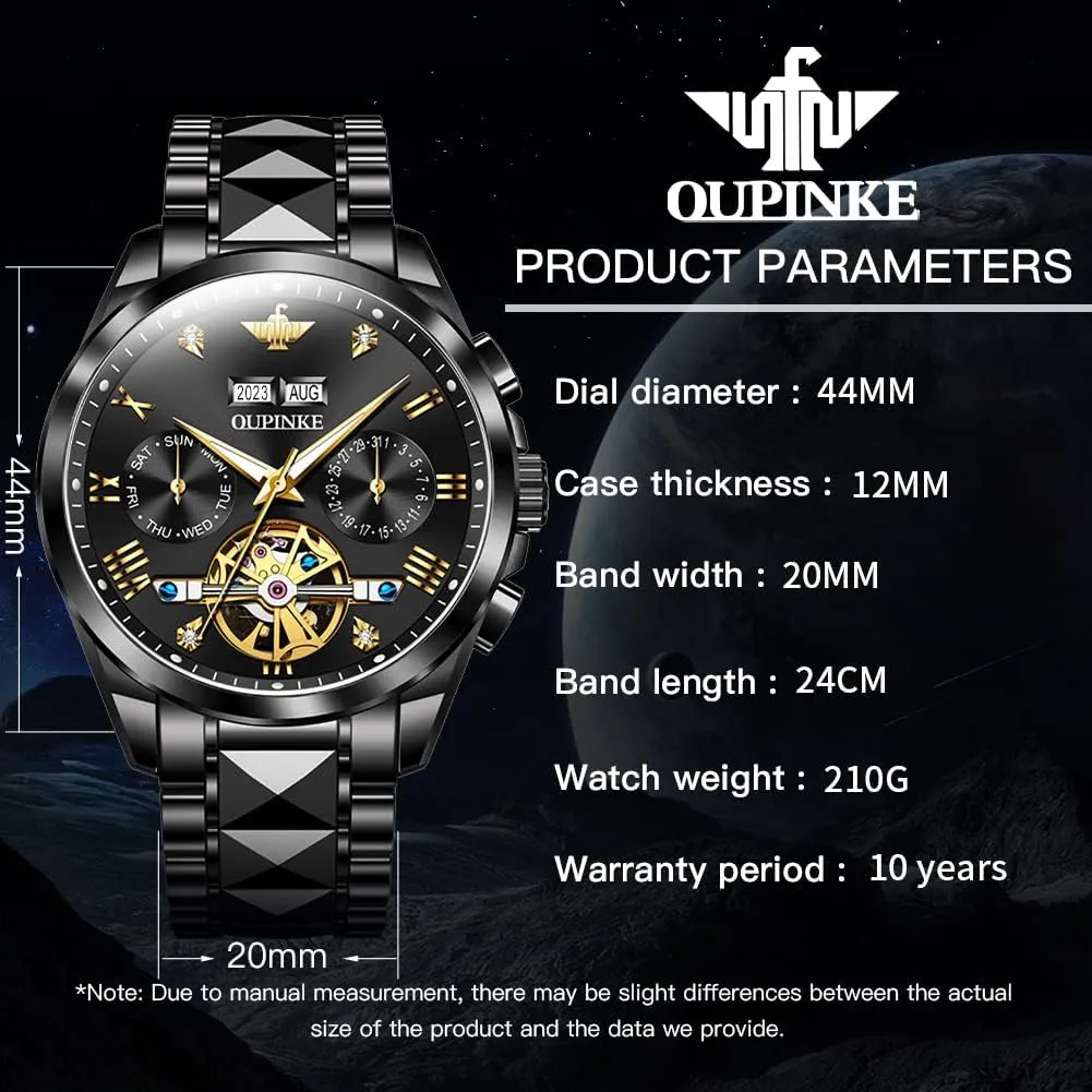 OUPINKE Automatic Watches for Men Skeleton Mechanical Self Winding Luxury Business Dress Wrist Watch Diamond Tungsten Steel Sapphire Crystal Calendar Waterproof Luminous