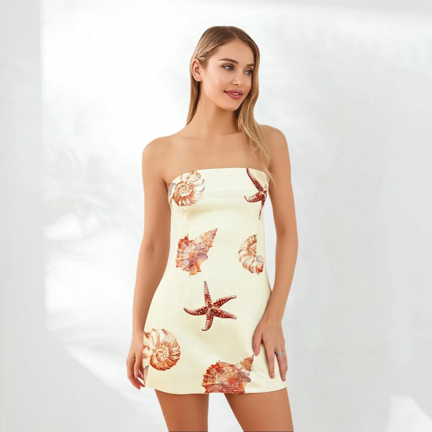 Owl's-Yard Women's Floral Print Mini Tube Dress Slim Strapless Sleeveless Bodycon Dresses Starfish Off Shoulder Sundress