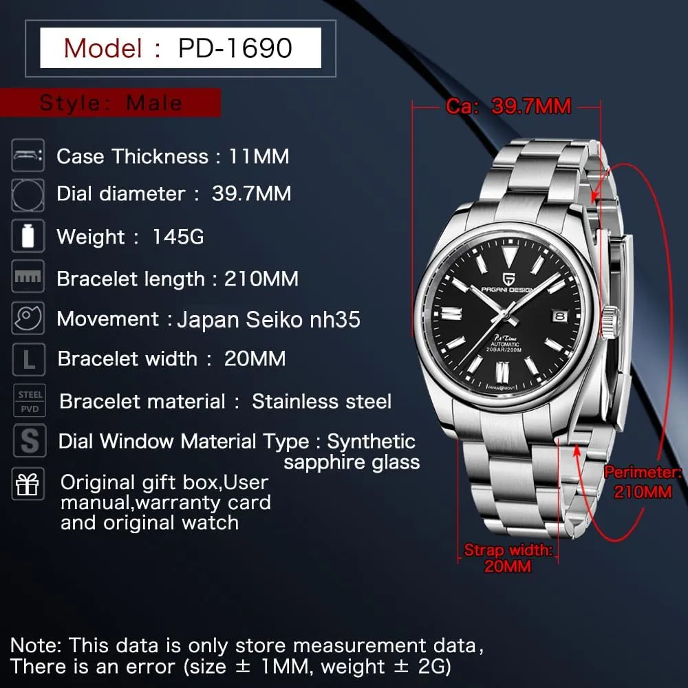 Pagani Design Watches for Men, Japanese Automatic Movement, 200 Meters Waterproof Stainless Steel, 40mm Dial Diameter, Sapphire Mirror, Casual Classic Style