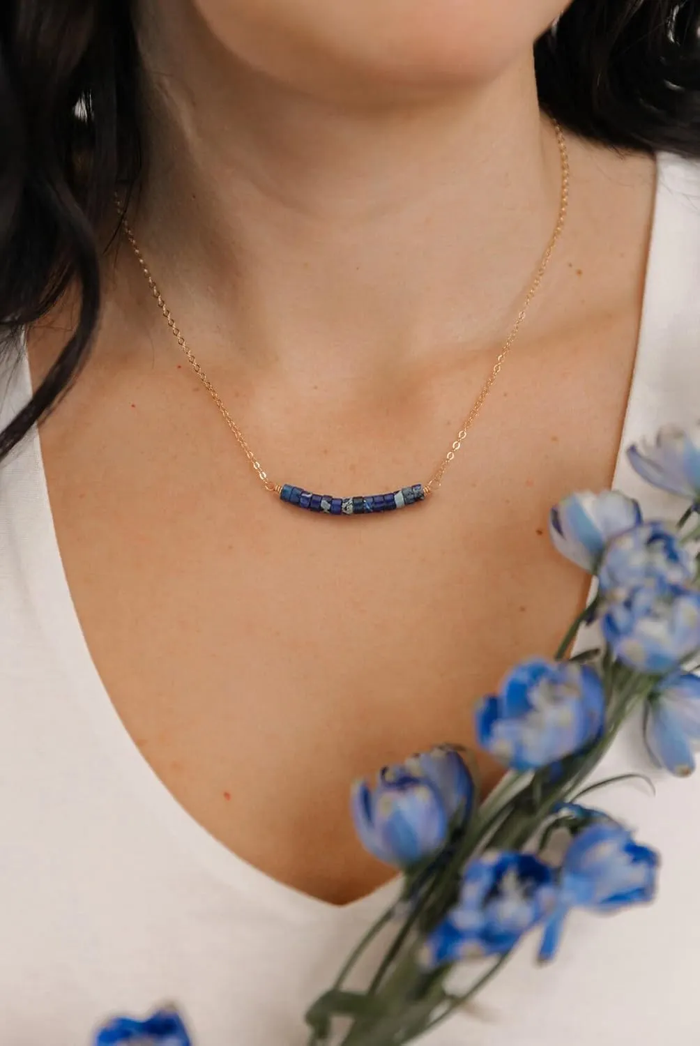 PEARLADA Turquoise/Lapis Lazuli Beaded Bar Pendant Necklace, Dainty 18k Gold Chain Choker Necklace, Boho Turquoise Jewelry for Women