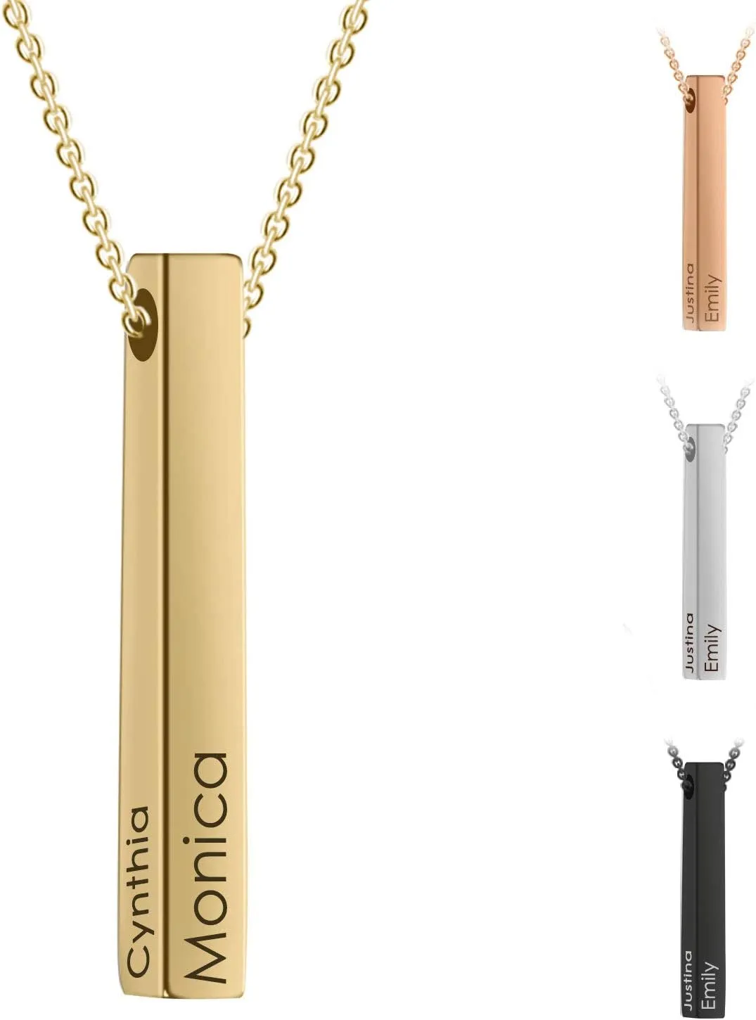 Personalized 4 Sided Vertical Engraved 3D Bar Necklace,Custom Pendant Necklace