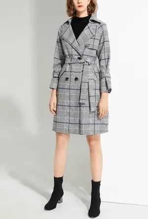 Plaid Suit Collar Waist Trench Coat