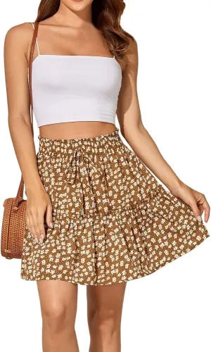 Pleated Skirts for Women Summer High Waist Ruffle Short Skirts Floral Swing Beach Mini Skirt