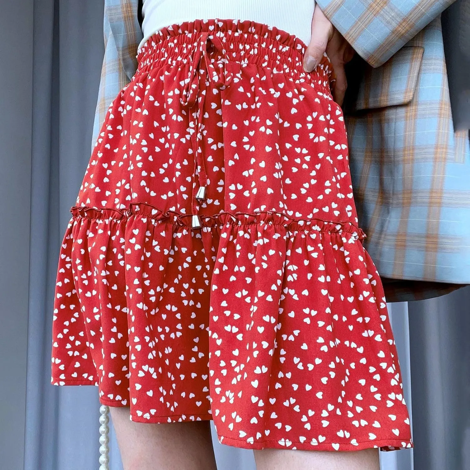 Pleated Skirts for Women Summer High Waist Ruffle Short Skirts Floral Swing Beach Mini Skirt