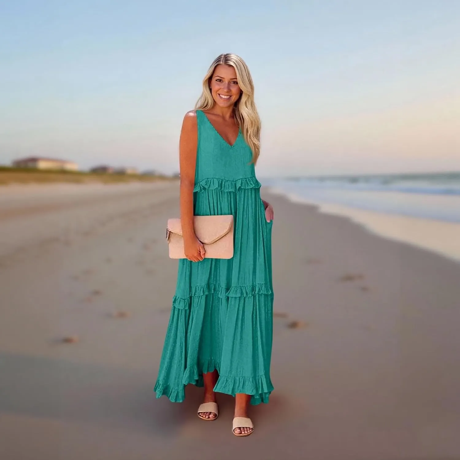Plus Size Dresses for Curvy Women Summer Casual V-Neck Smocked Maxi Dress Loose Flowy Ruffle Sundress with Pockets
