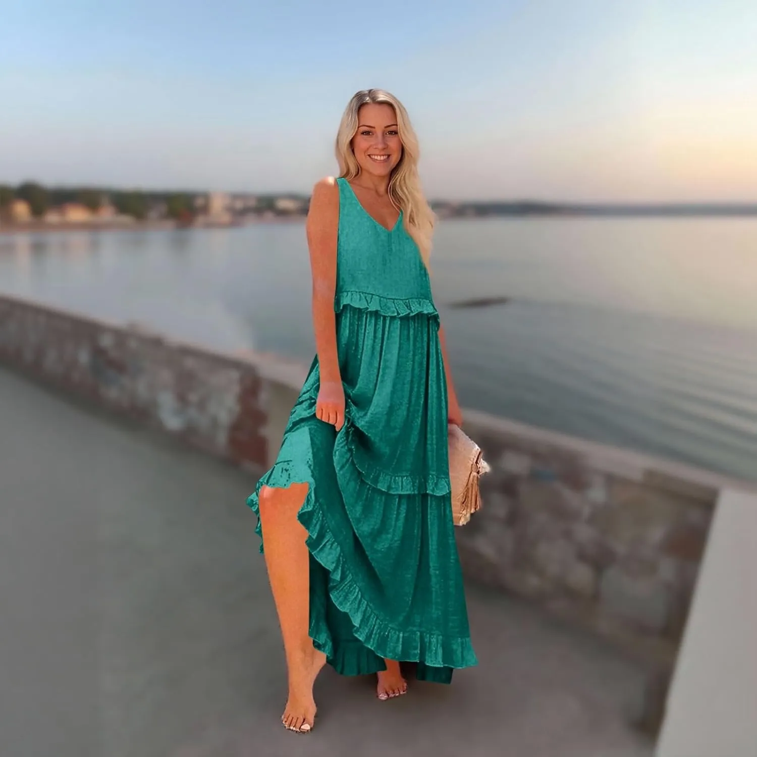 Plus Size Dresses for Curvy Women Summer Casual V-Neck Smocked Maxi Dress Loose Flowy Ruffle Sundress with Pockets