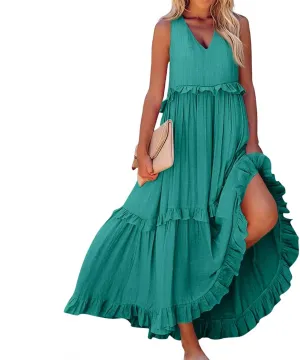 Plus Size Dresses for Curvy Women Summer Casual V-Neck Smocked Maxi Dress Loose Flowy Ruffle Sundress with Pockets