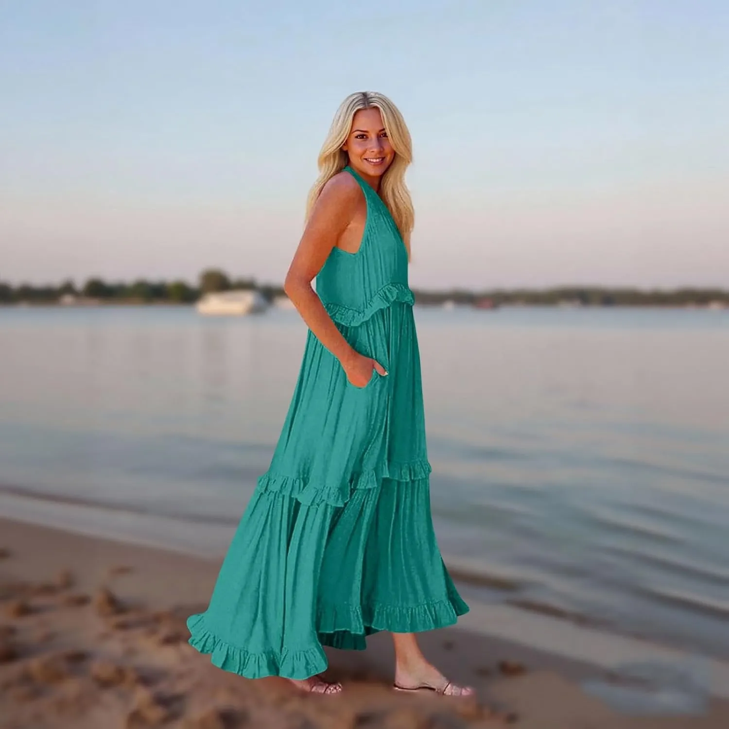 Plus Size Dresses for Curvy Women Summer Casual V-Neck Smocked Maxi Dress Loose Flowy Ruffle Sundress with Pockets
