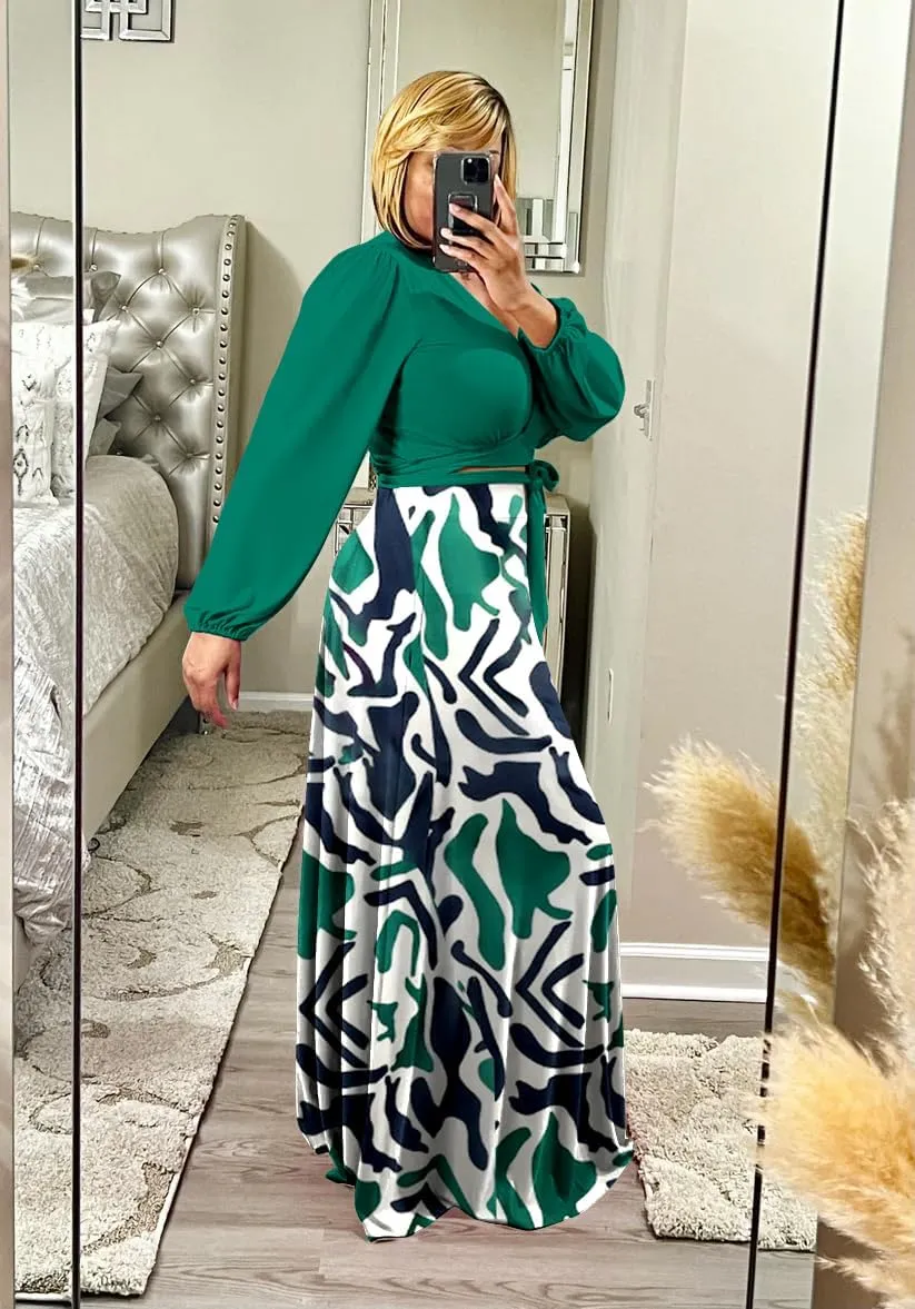 Plus Size Women's 2 Piece Outfits Casual Long Sleeve Wrap Crop Top Maxi Long Dress Flowy Matching Sets