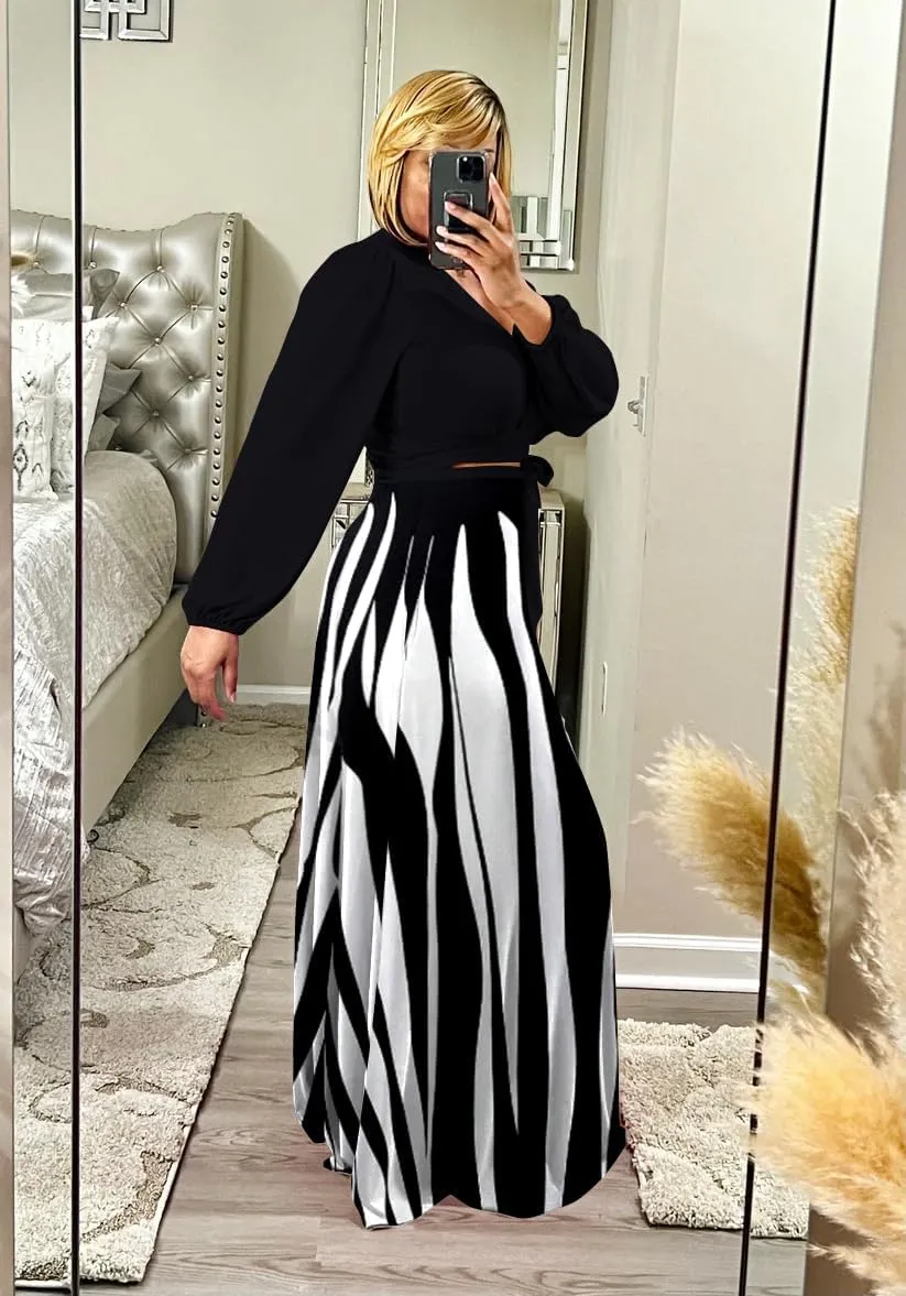 Plus Size Women's 2 Piece Outfits Casual Long Sleeve Wrap Crop Top Maxi Long Dress Flowy Matching Sets