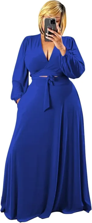 Plus Size Women's 2 Piece Outfits Casual Long Sleeve Wrap Crop Top Maxi Long Dress Flowy Matching Sets