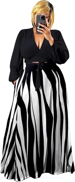 Plus Size Women's 2 Piece Outfits Casual Long Sleeve Wrap Crop Top Maxi Long Dress Flowy Matching Sets