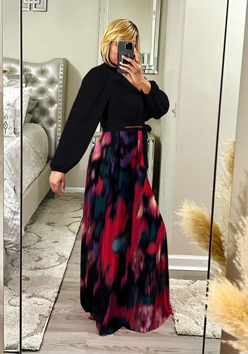 Plus Size Women's 2 Piece Outfits Casual Long Sleeve Wrap Crop Top Maxi Long Dress Flowy Matching Sets