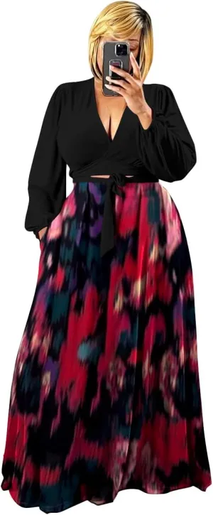 Plus Size Women's 2 Piece Outfits Casual Long Sleeve Wrap Crop Top Maxi Long Dress Flowy Matching Sets