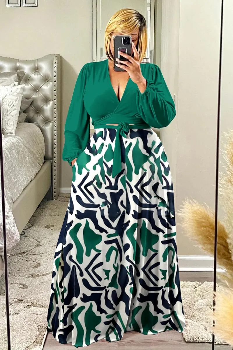 Plus Size Women's 2 Piece Outfits Casual Long Sleeve Wrap Crop Top Maxi Long Dress Flowy Matching Sets