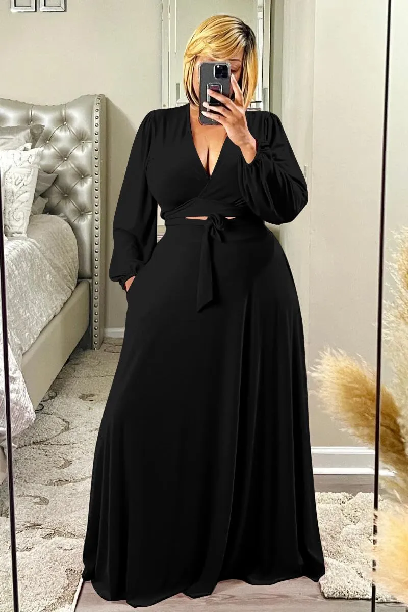 Plus Size Women's 2 Piece Outfits Casual Long Sleeve Wrap Crop Top Maxi Long Dress Flowy Matching Sets