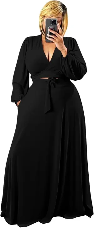 Plus Size Women's 2 Piece Outfits Casual Long Sleeve Wrap Crop Top Maxi Long Dress Flowy Matching Sets