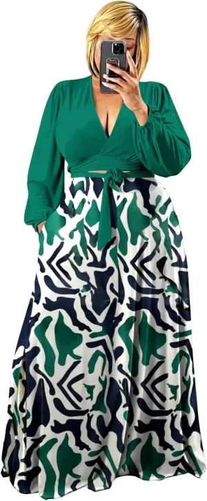 Plus Size Women's 2 Piece Outfits Casual Long Sleeve Wrap Crop Top Maxi Long Dress Flowy Matching Sets