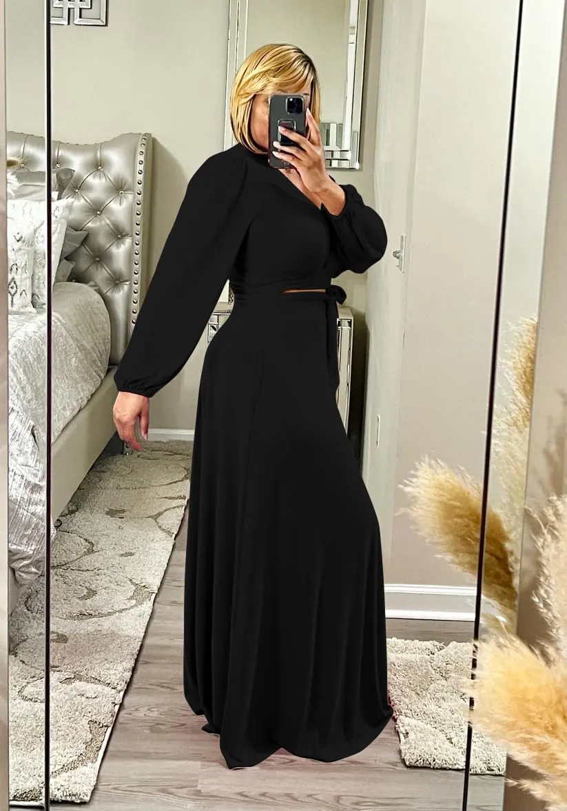 Plus Size Women's 2 Piece Outfits Casual Long Sleeve Wrap Crop Top Maxi Long Dress Flowy Matching Sets