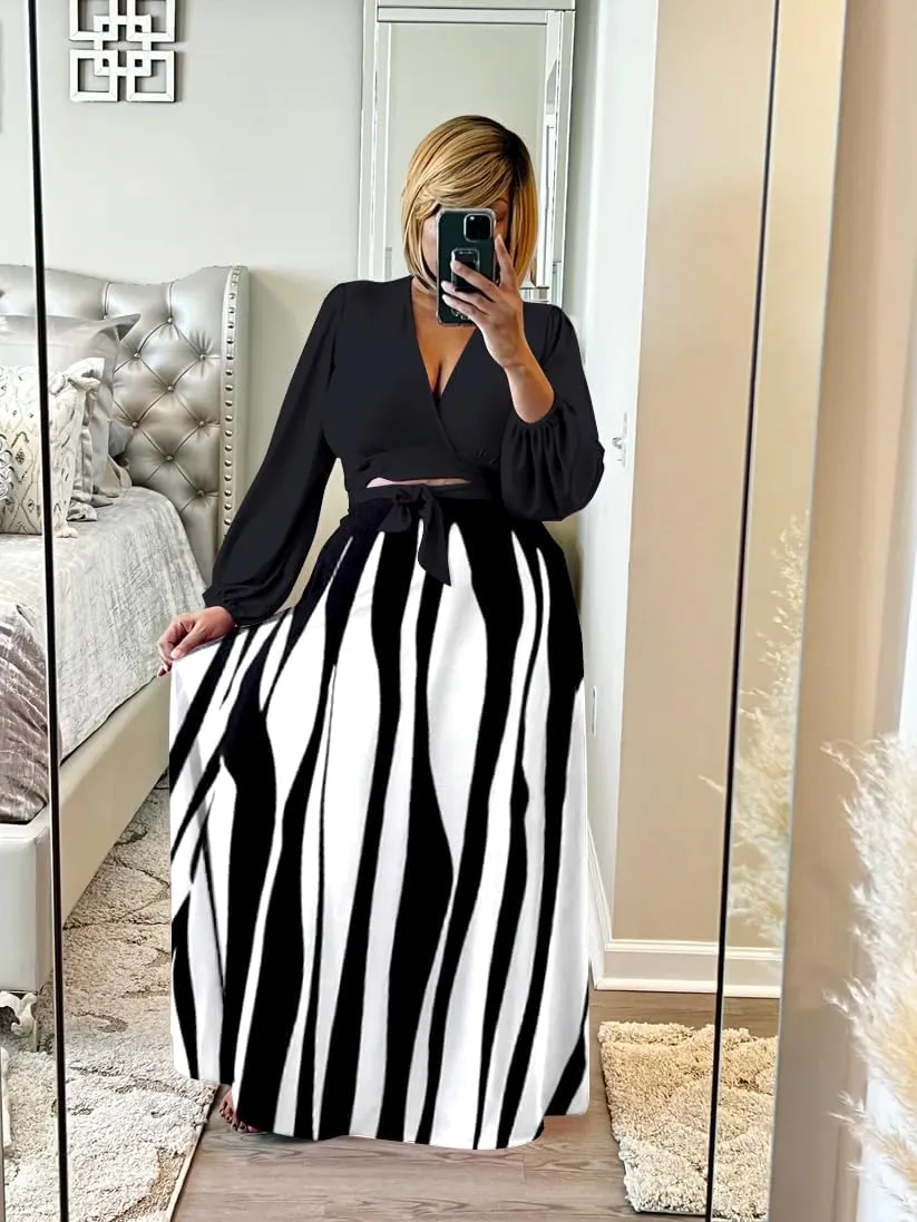 Plus Size Women's 2 Piece Outfits Casual Long Sleeve Wrap Crop Top Maxi Long Dress Flowy Matching Sets