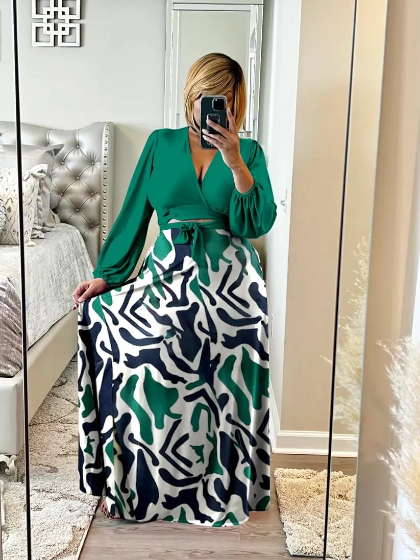 Plus Size Women's 2 Piece Outfits Casual Long Sleeve Wrap Crop Top Maxi Long Dress Flowy Matching Sets