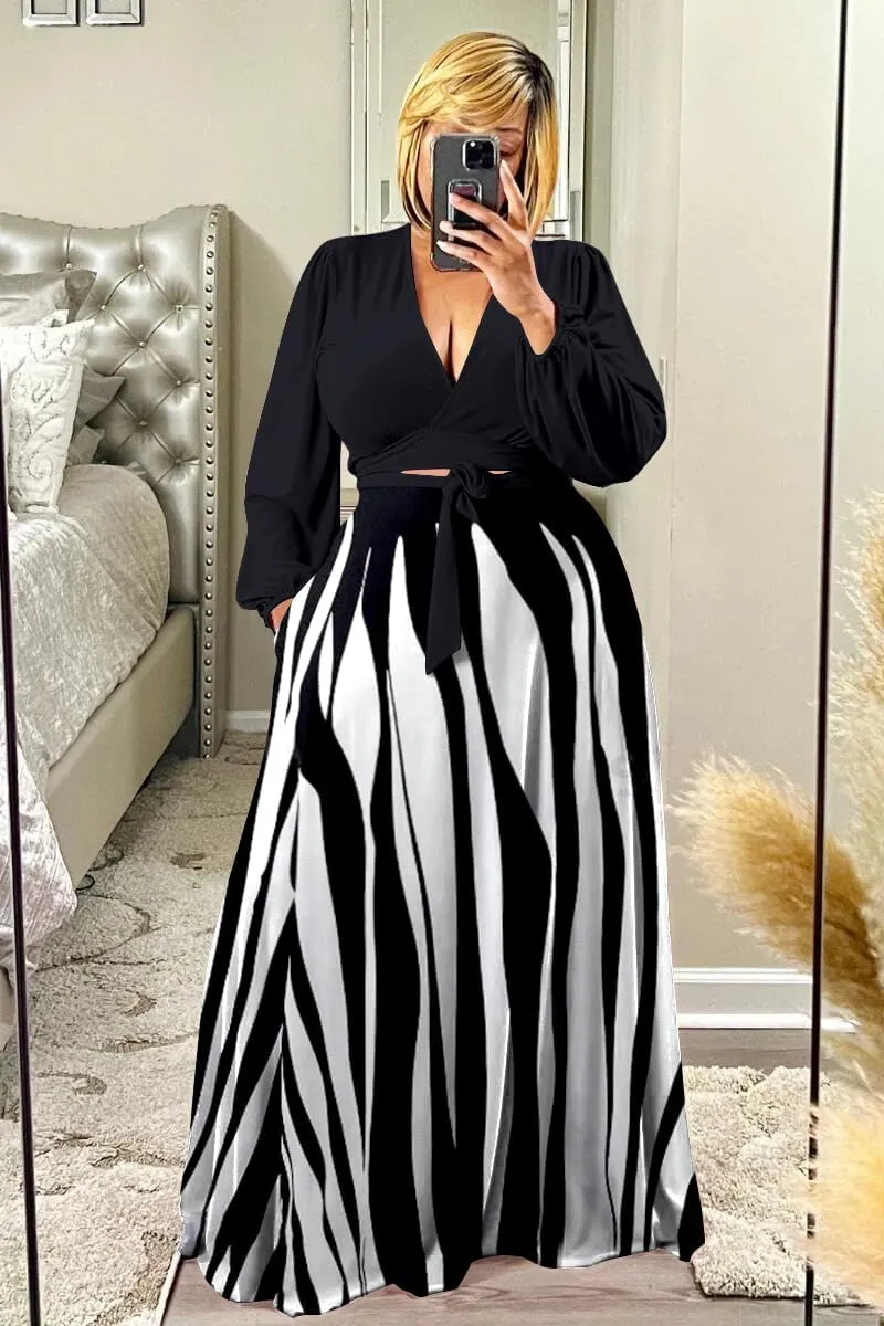 Plus Size Women's 2 Piece Outfits Casual Long Sleeve Wrap Crop Top Maxi Long Dress Flowy Matching Sets