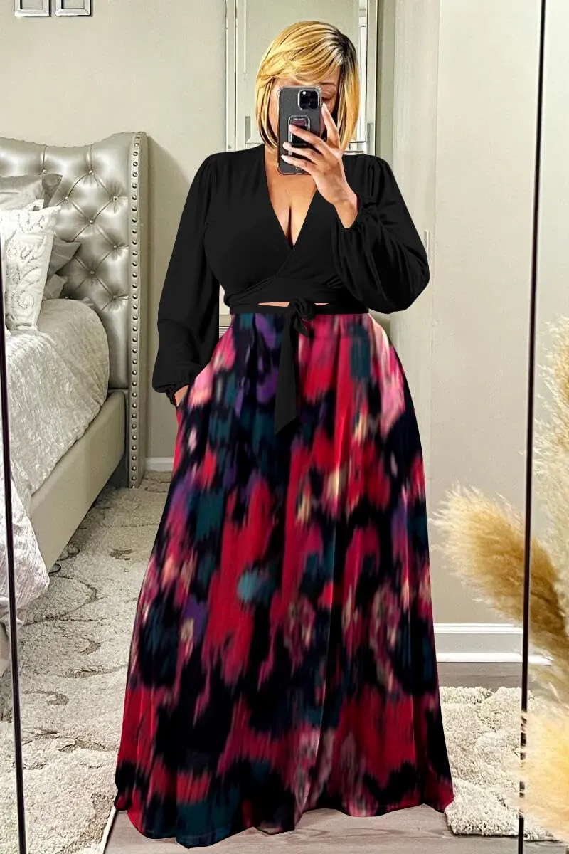 Plus Size Women's 2 Piece Outfits Casual Long Sleeve Wrap Crop Top Maxi Long Dress Flowy Matching Sets
