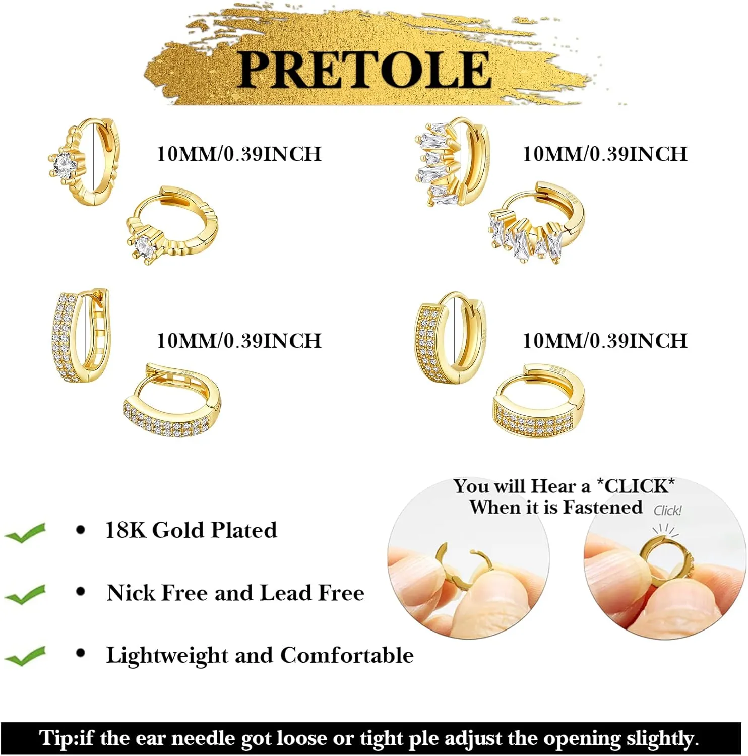 PRETOLE 925 Sterling Silver Hoop Earrings for Women Gold Huggie Hoop Earrings Hypoallergenic Lightweight 14K Gold Plated Mini Hoop Earrings with Cubic Zirconia Small Gold Cartilage Hoops for Women