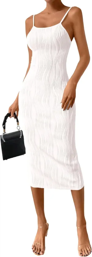 PRETTYGARDEN Women's 2025 Summer Sleeveless Bodycon Dress Textured Back Slit Sexy Cocktail Party Midi Dresses