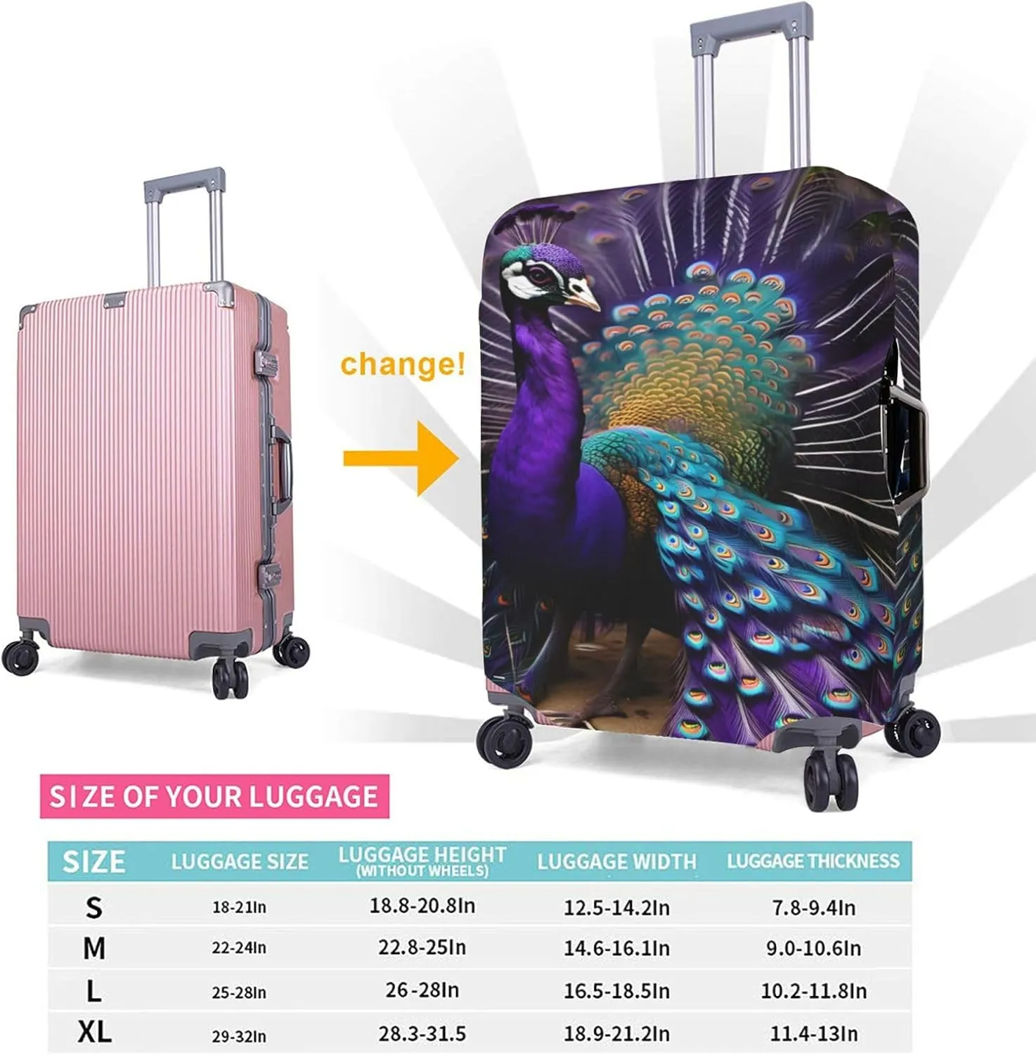 Purple Peacock Print Practical Elastic Washable Travel Luggage Cover with Concealed Zipper for Suitcases