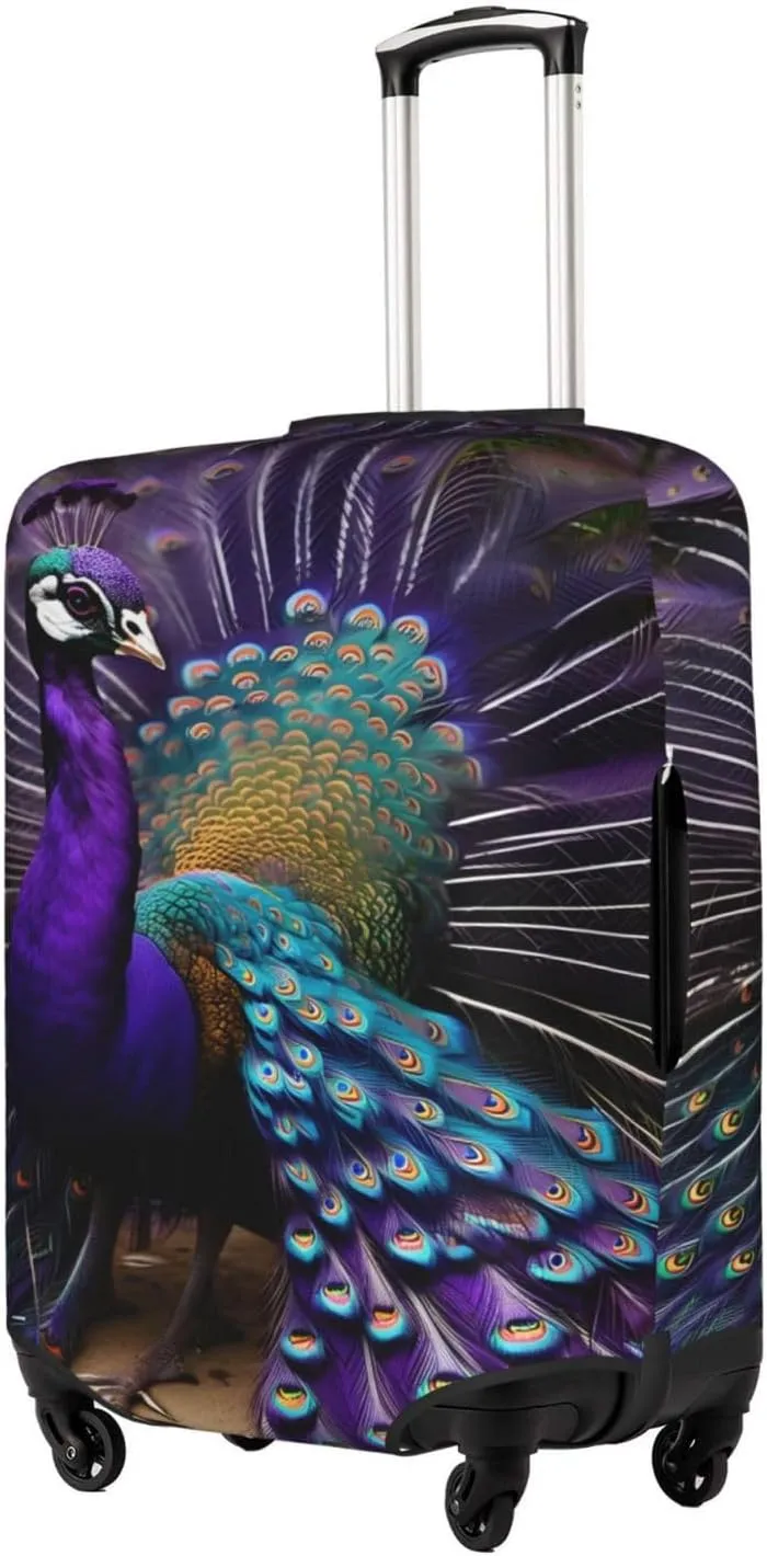 Purple Peacock Print Practical Elastic Washable Travel Luggage Cover with Concealed Zipper for Suitcases