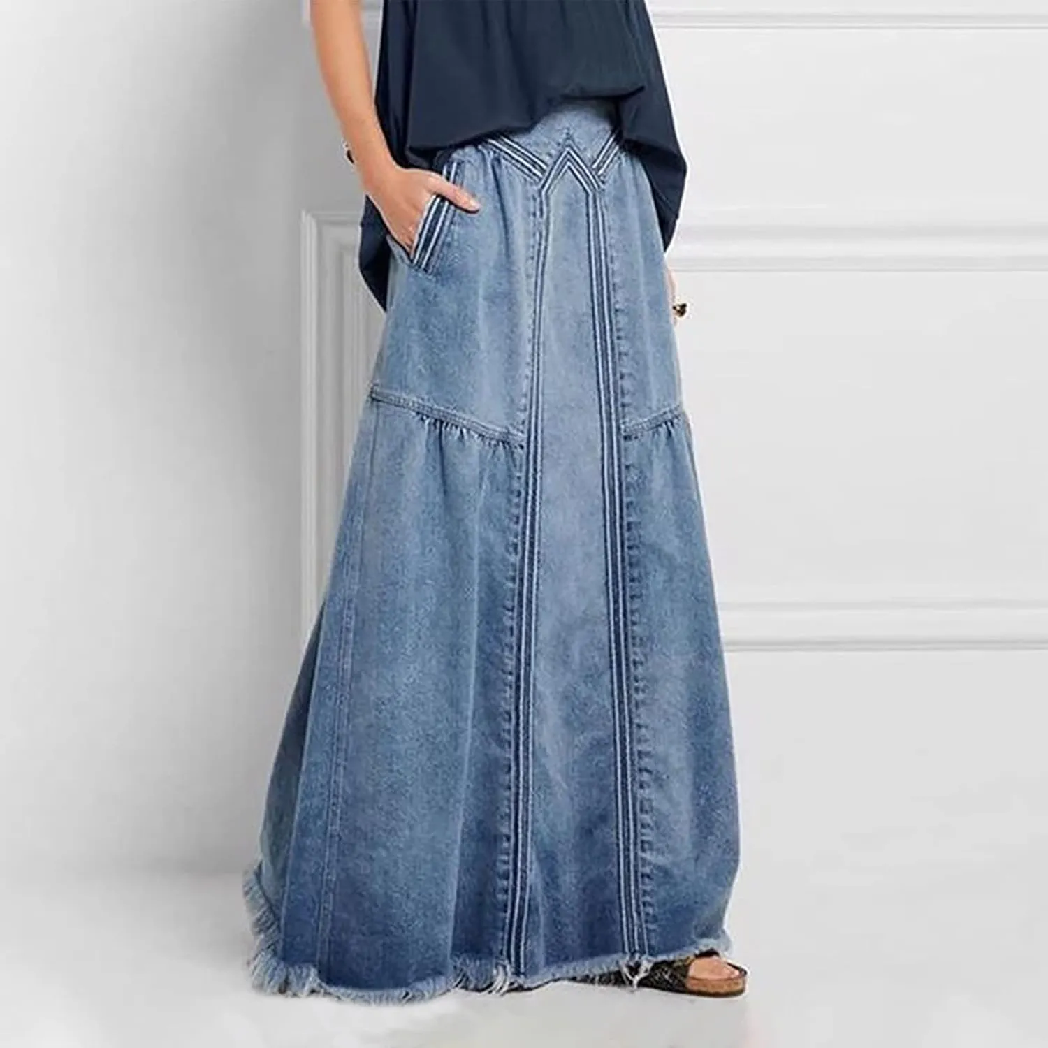 Retro Elastic High Waisted Denim Skirts for Women Vintage Casual Stretchy A Line Maxi Jean Skirt with Pockets