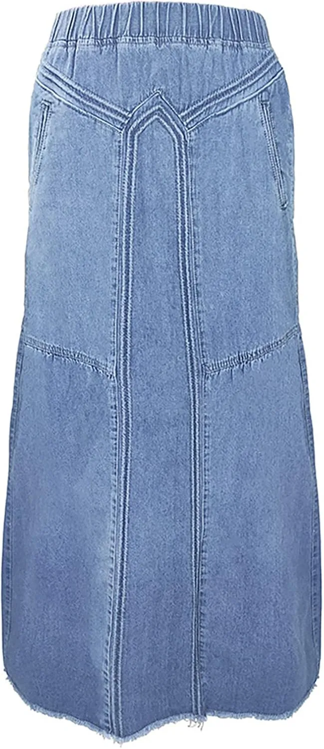 Retro Elastic High Waisted Denim Skirts for Women Vintage Casual Stretchy A Line Maxi Jean Skirt with Pockets